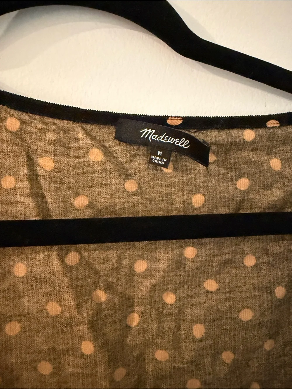 Madewell Black V-Neck Wrap Top with Tan Polka Dots